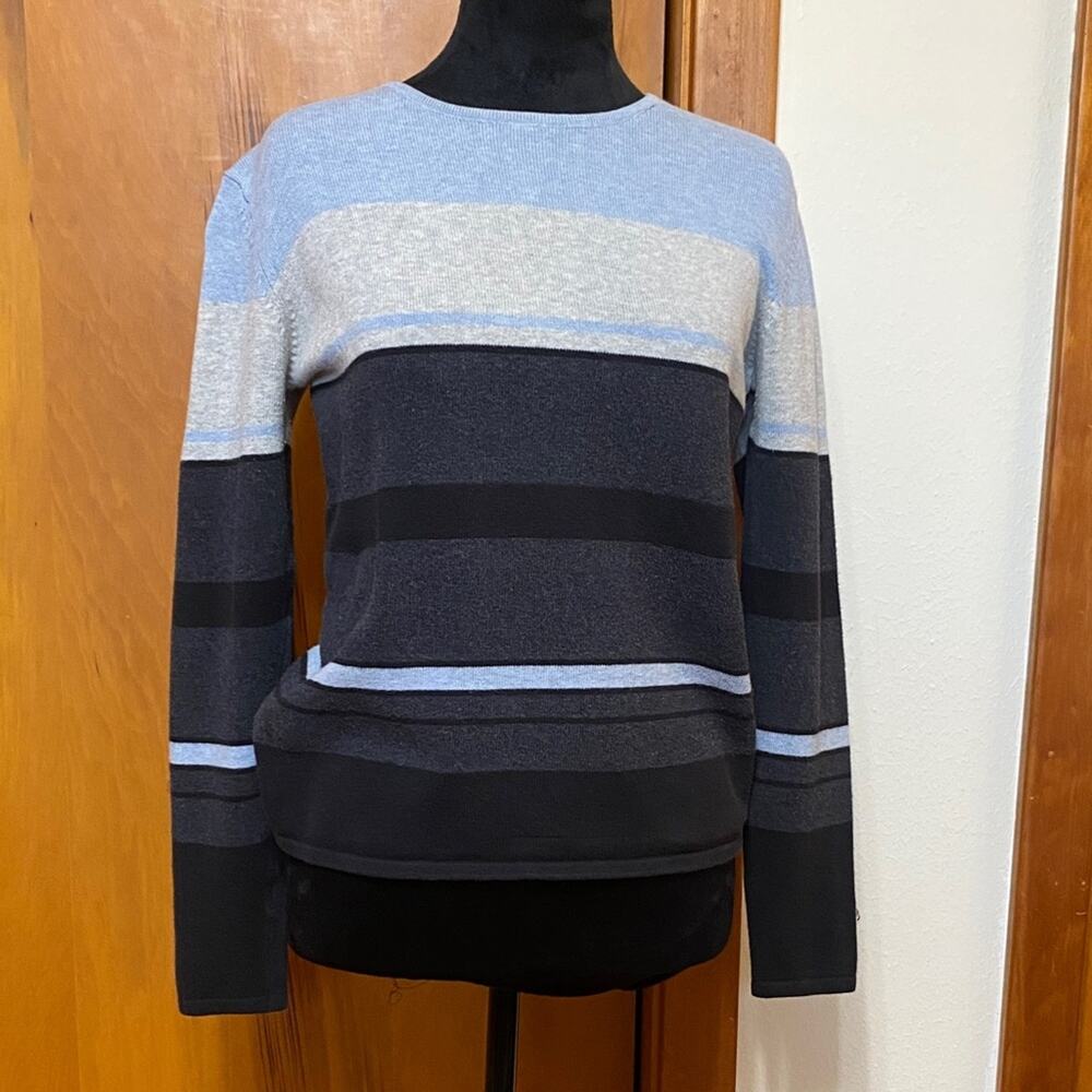Geoffrey Beene Blue & Gray Striped Sweater Long Sleeve Cotton Spandex P2P 17”